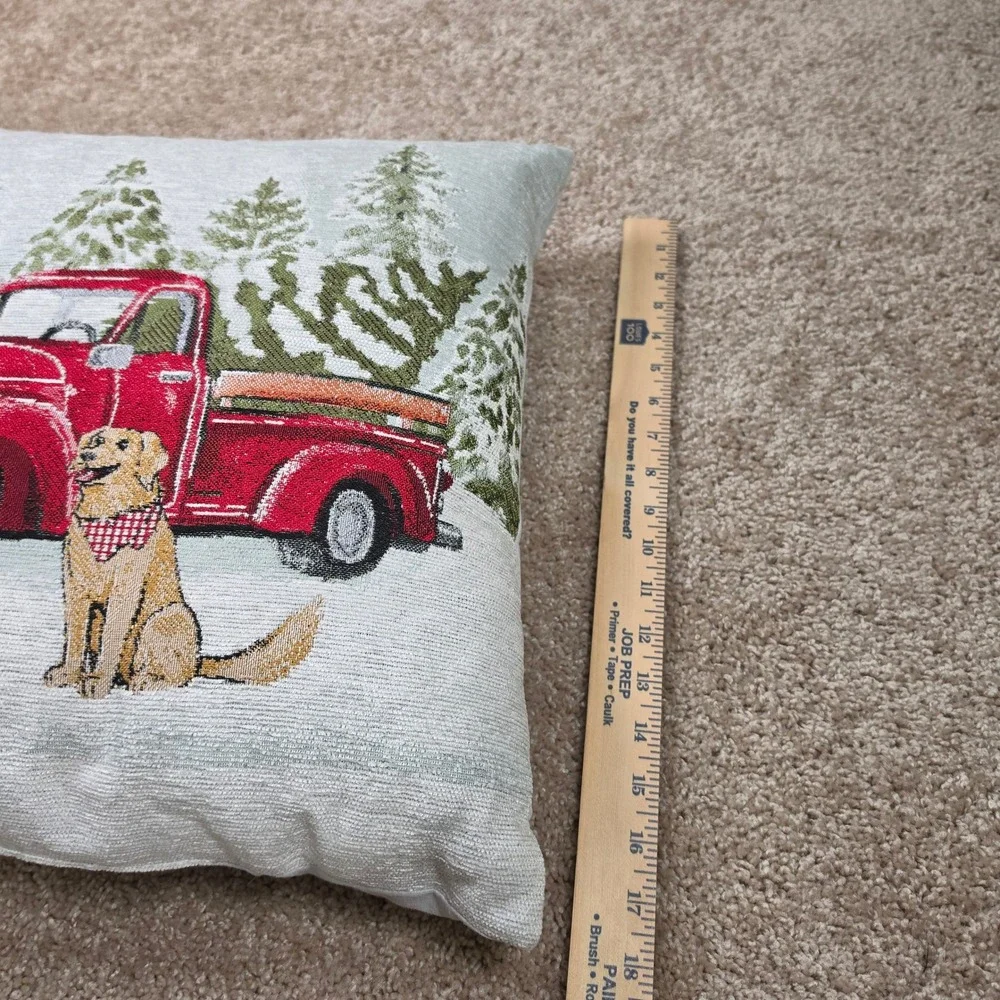 Christmas Throw Pillow Red Vintage Truck Dog Tree Tapestry Holiday 18x18